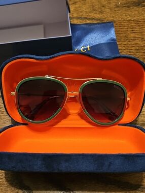 Designer Inspired Green and Gold Frame Brown Lens Sunglasses